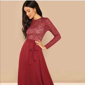 Sheer lace top tie waist maxi dress